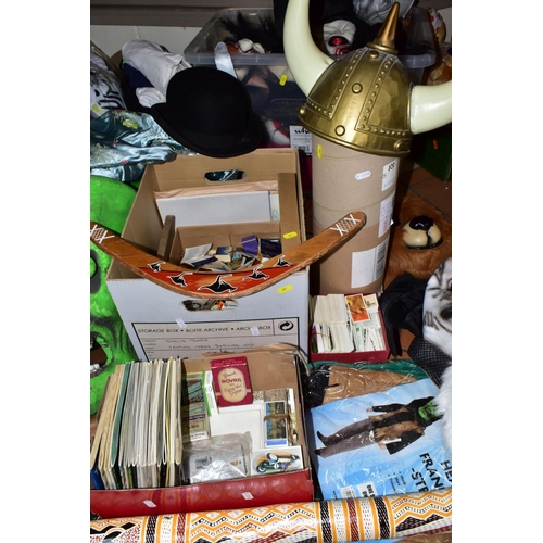 659 - THREE BOXES AND LOOSE SUNDRY ITEMS ETC, to include a quantity of fancy dress costumes and masks, a C... 