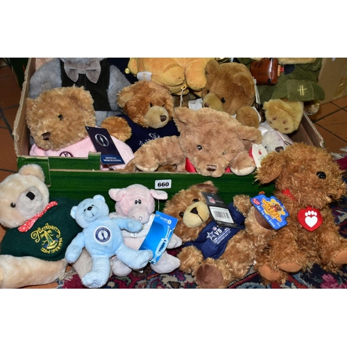 660 - TWO BOXES OF TEDDY BEARS AND SOFT TOYS ETC, to include a Harrods 1859-1999 bear, Harrods Paddington ... 