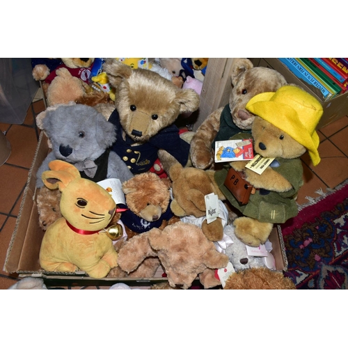 660 - TWO BOXES OF TEDDY BEARS AND SOFT TOYS ETC, to include a Harrods 1859-1999 bear, Harrods Paddington ... 