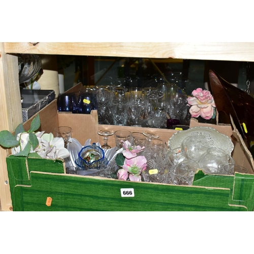 666 - TWO BOXES OF CERAMICS AND GLASS ETC, cut glass to include six Stuart wine goblets, two Stuart brandy... 