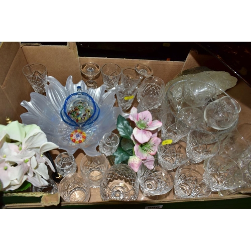 666 - TWO BOXES OF CERAMICS AND GLASS ETC, cut glass to include six Stuart wine goblets, two Stuart brandy... 