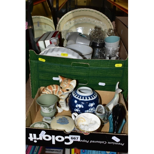 667 - TWO BOXES OF CERAMICS AND GLASS ETC, to include eight vintage Poole pottery cups, saucers and side p... 