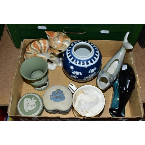 667 - TWO BOXES OF CERAMICS AND GLASS ETC, to include eight vintage Poole pottery cups, saucers and side p... 