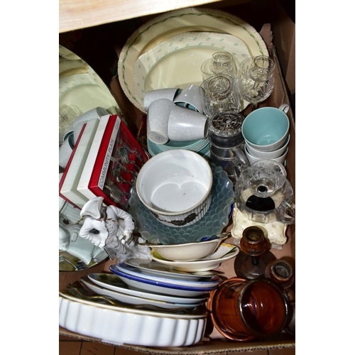 667 - TWO BOXES OF CERAMICS AND GLASS ETC, to include eight vintage Poole pottery cups, saucers and side p... 