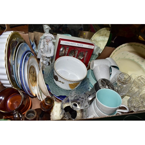 667 - TWO BOXES OF CERAMICS AND GLASS ETC, to include eight vintage Poole pottery cups, saucers and side p... 