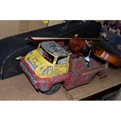 668 - THREE BOXES AND LOOSE SUNDRY ITEMS ETC, to include a distressed Tri-ang pressed steel Ford Thames tr... 