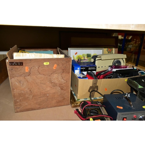 675 - THREE BOXES AND LOOSE ELECTRICAL PARTS, PICTURES, ETC, including a Junius Electronic Pyrograph Serie... 