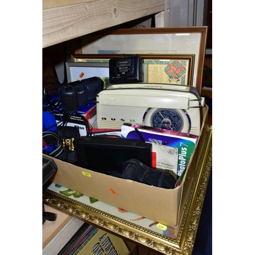 675 - THREE BOXES AND LOOSE ELECTRICAL PARTS, PICTURES, ETC, including a Junius Electronic Pyrograph Serie... 