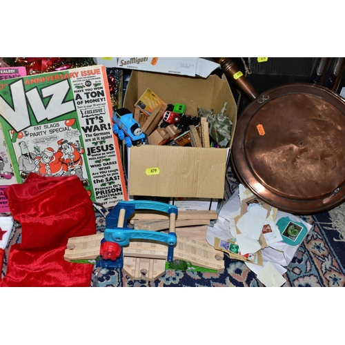 679 - SEVEN BOXES AND LOOSE PICTURES, SUITCASE, POSTCARDS, TOYS AND SUNDRY ITEMS, to include approximately... 