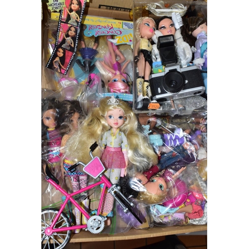 680 - FOUR BOXES OF TOYS, to include fourteen Bratz and similar fashion dolls, with clothes and accessorie... 