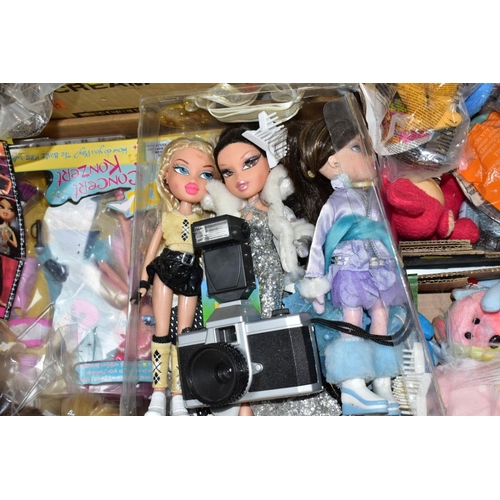 680 - FOUR BOXES OF TOYS, to include fourteen Bratz and similar fashion dolls, with clothes and accessorie... 