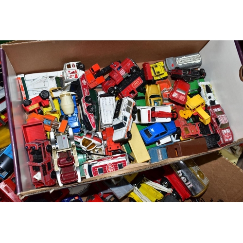 681 - THREE BOXES OF ASSORTED PLAYWORN DIECAST VEHICLES, mainly unboxed, to include Matchbox, Corgi, Ertl,... 