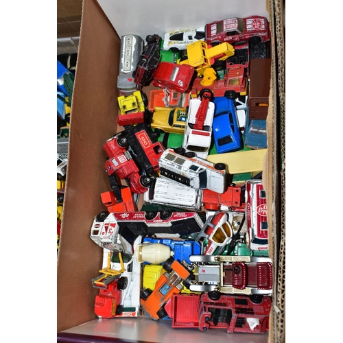 681 - THREE BOXES OF ASSORTED PLAYWORN DIECAST VEHICLES, mainly unboxed, to include Matchbox, Corgi, Ertl,... 