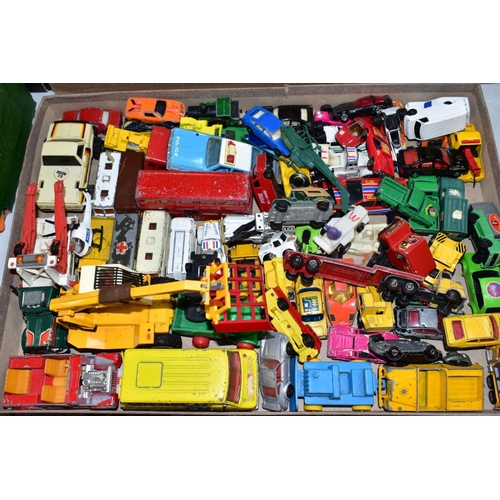 681 - THREE BOXES OF ASSORTED PLAYWORN DIECAST VEHICLES, mainly unboxed, to include Matchbox, Corgi, Ertl,... 