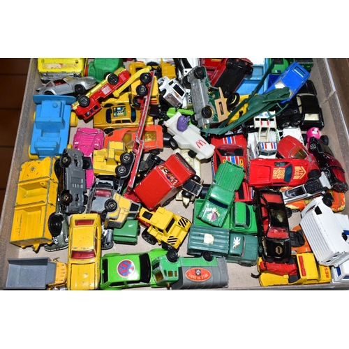 681 - THREE BOXES OF ASSORTED PLAYWORN DIECAST VEHICLES, mainly unboxed, to include Matchbox, Corgi, Ertl,... 