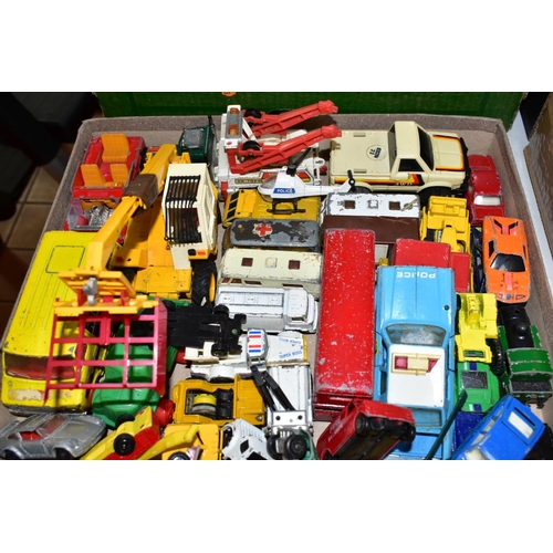 681 - THREE BOXES OF ASSORTED PLAYWORN DIECAST VEHICLES, mainly unboxed, to include Matchbox, Corgi, Ertl,... 