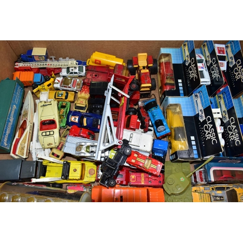 681 - THREE BOXES OF ASSORTED PLAYWORN DIECAST VEHICLES, mainly unboxed, to include Matchbox, Corgi, Ertl,... 