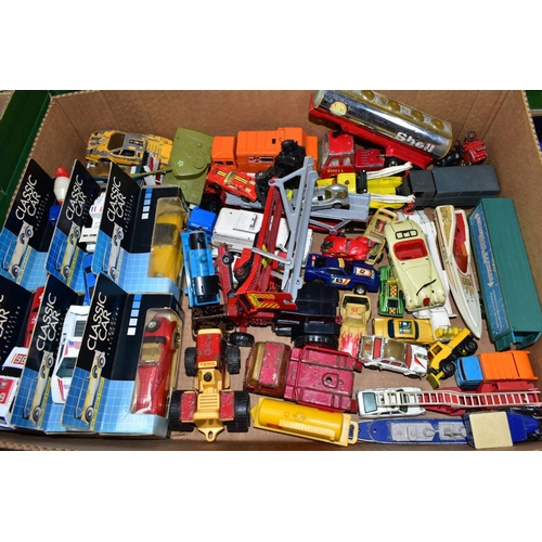 681 - THREE BOXES OF ASSORTED PLAYWORN DIECAST VEHICLES, mainly unboxed, to include Matchbox, Corgi, Ertl,... 