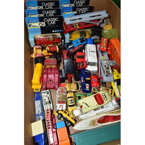 681 - THREE BOXES OF ASSORTED PLAYWORN DIECAST VEHICLES, mainly unboxed, to include Matchbox, Corgi, Ertl,... 