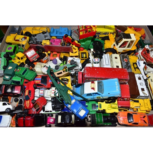 681 - THREE BOXES OF ASSORTED PLAYWORN DIECAST VEHICLES, mainly unboxed, to include Matchbox, Corgi, Ertl,... 