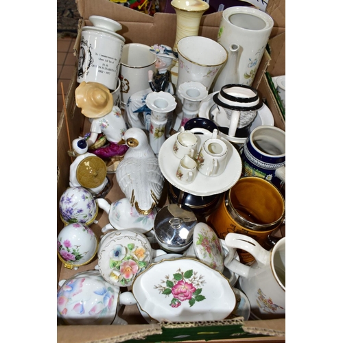 683 - THREE BOXES AND LOOSE CERAMICS, CUE, PICTURES AND SUNDRY ITEMS, to include two Aynsley Little Sweeth... 