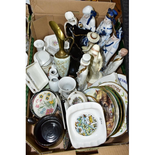 683 - THREE BOXES AND LOOSE CERAMICS, CUE, PICTURES AND SUNDRY ITEMS, to include two Aynsley Little Sweeth... 