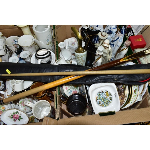 683 - THREE BOXES AND LOOSE CERAMICS, CUE, PICTURES AND SUNDRY ITEMS, to include two Aynsley Little Sweeth... 