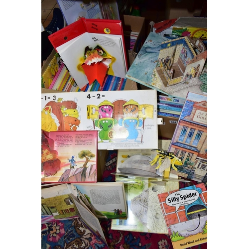 684 - FIVE BOXES OF CHILDRENS POP-UP BOOKS ETC, to include titles by Robert Crowther, Jan Pienkowski and E... 