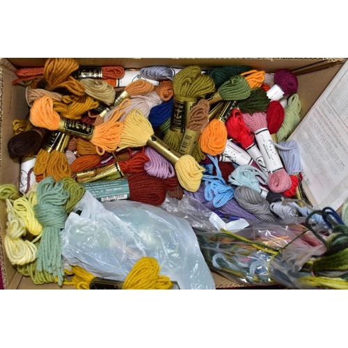 685 - A BOX OF TAPESTRY WOOLS AND OTHER SEWING SUPPLIES, to include a quantity of Anchor and other branded... 