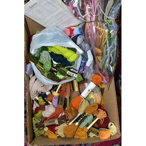 685 - A BOX OF TAPESTRY WOOLS AND OTHER SEWING SUPPLIES, to include a quantity of Anchor and other branded... 