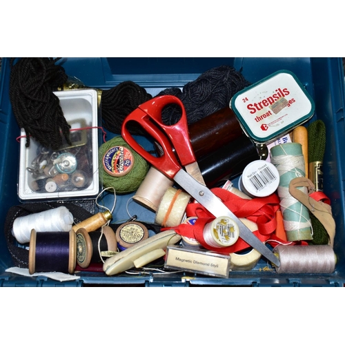 685 - A BOX OF TAPESTRY WOOLS AND OTHER SEWING SUPPLIES, to include a quantity of Anchor and other branded... 