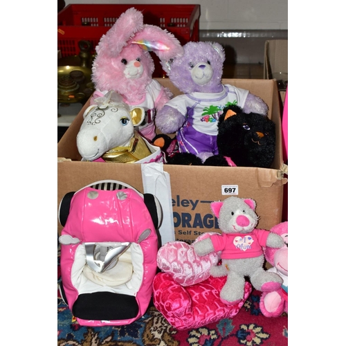 697 - A BOX AND LOOSE BUILD-A-BEAR TOYS, to include a box of twelve Build-a-bear soft toys, clothes and ac... 