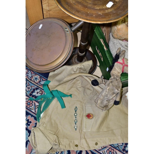 724 - A BOX AND LOOSE SUNDRY ITEMS ETC, to include a pair of War Department corduroy shorts, Boy Scout shi... 