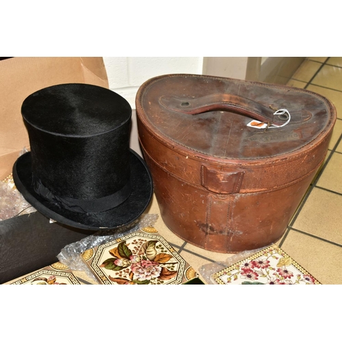 725 - A SMALL DISTRESSED TOP HAT AND LEATHER CASE, together with a small box of reclaimed tiles including ... 