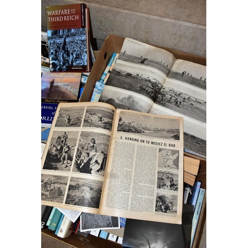 733 - THREE BOXES OF MILITARY HISTORY BOOKS, PHOTOGRAPHS ETC approximately one hundred and fifty titles to... 