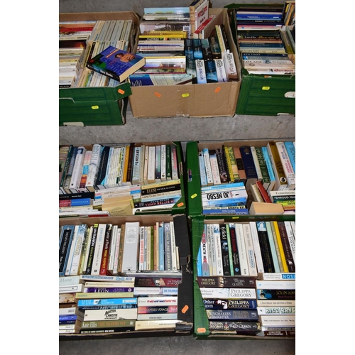 734 - SEVEN BOXES OF BOOKS, approximately three hundred and fifty mainly fiction titles, by authors to inc... 