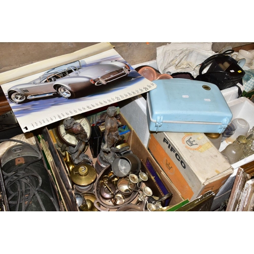 735 - SEVEN BOXES AND LOOSE CERAMICS, GLASS, PICTURES, VINTAGE VACUUM CLEANER, METALWARES AND SUNDRY ITEMS... 