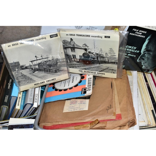 738 - FOUR BOXES OF BOOKS AND RECORDS to include approximately fifty vinyl singles, lps and 78s, including... 