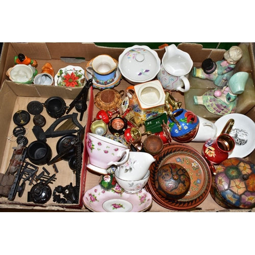 739 - THREE BOXES OF CERAMICS, TREEN AND SUNDRY ITEMS, to include a Royal Albert New Country Roses teacup ... 