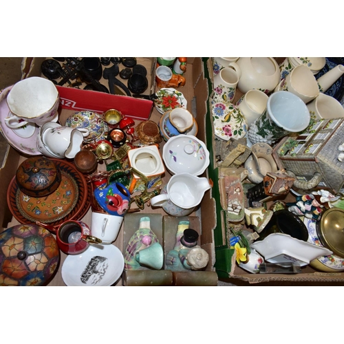 739 - THREE BOXES OF CERAMICS, TREEN AND SUNDRY ITEMS, to include a Royal Albert New Country Roses teacup ... 