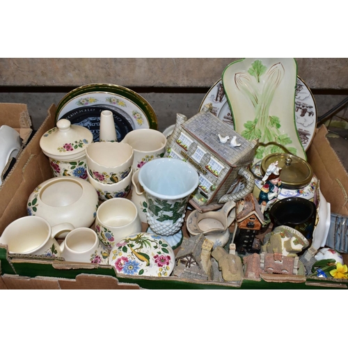 739 - THREE BOXES OF CERAMICS, TREEN AND SUNDRY ITEMS, to include a Royal Albert New Country Roses teacup ... 