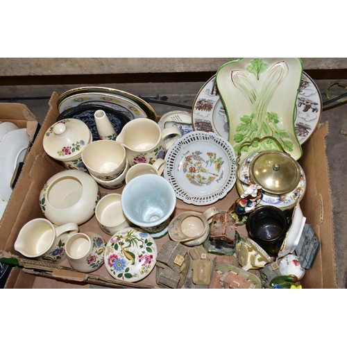 739 - THREE BOXES OF CERAMICS, TREEN AND SUNDRY ITEMS, to include a Royal Albert New Country Roses teacup ... 