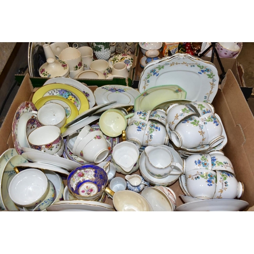 739 - THREE BOXES OF CERAMICS, TREEN AND SUNDRY ITEMS, to include a Royal Albert New Country Roses teacup ... 