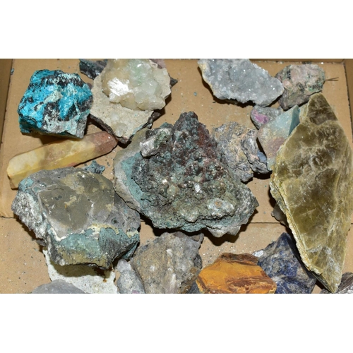 744 - A BOX OF ROCKS AND MINERALS, approximately thirty pieces to include tourmaline, smoky quartz, rock c... 