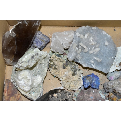 744 - A BOX OF ROCKS AND MINERALS, approximately thirty pieces to include tourmaline, smoky quartz, rock c... 