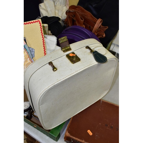 745 - TWO BOXES AND LOOSE LADIES ACCESSORIES, SUITCASES, VINTAGE LINENS, SEWING MACHINE PARTS AND SUNDRY I... 