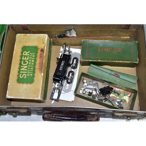 745 - TWO BOXES AND LOOSE LADIES ACCESSORIES, SUITCASES, VINTAGE LINENS, SEWING MACHINE PARTS AND SUNDRY I... 