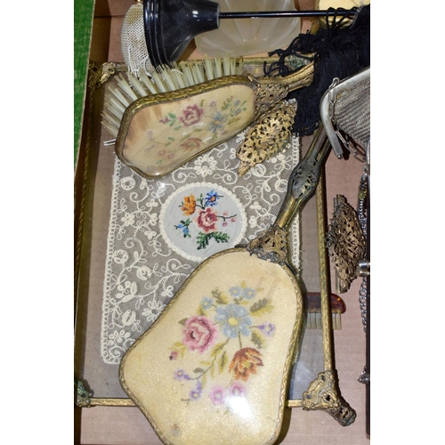 745 - TWO BOXES AND LOOSE LADIES ACCESSORIES, SUITCASES, VINTAGE LINENS, SEWING MACHINE PARTS AND SUNDRY I... 