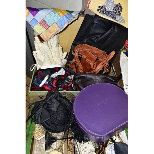 745 - TWO BOXES AND LOOSE LADIES ACCESSORIES, SUITCASES, VINTAGE LINENS, SEWING MACHINE PARTS AND SUNDRY I... 