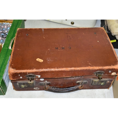 745 - TWO BOXES AND LOOSE LADIES ACCESSORIES, SUITCASES, VINTAGE LINENS, SEWING MACHINE PARTS AND SUNDRY I... 